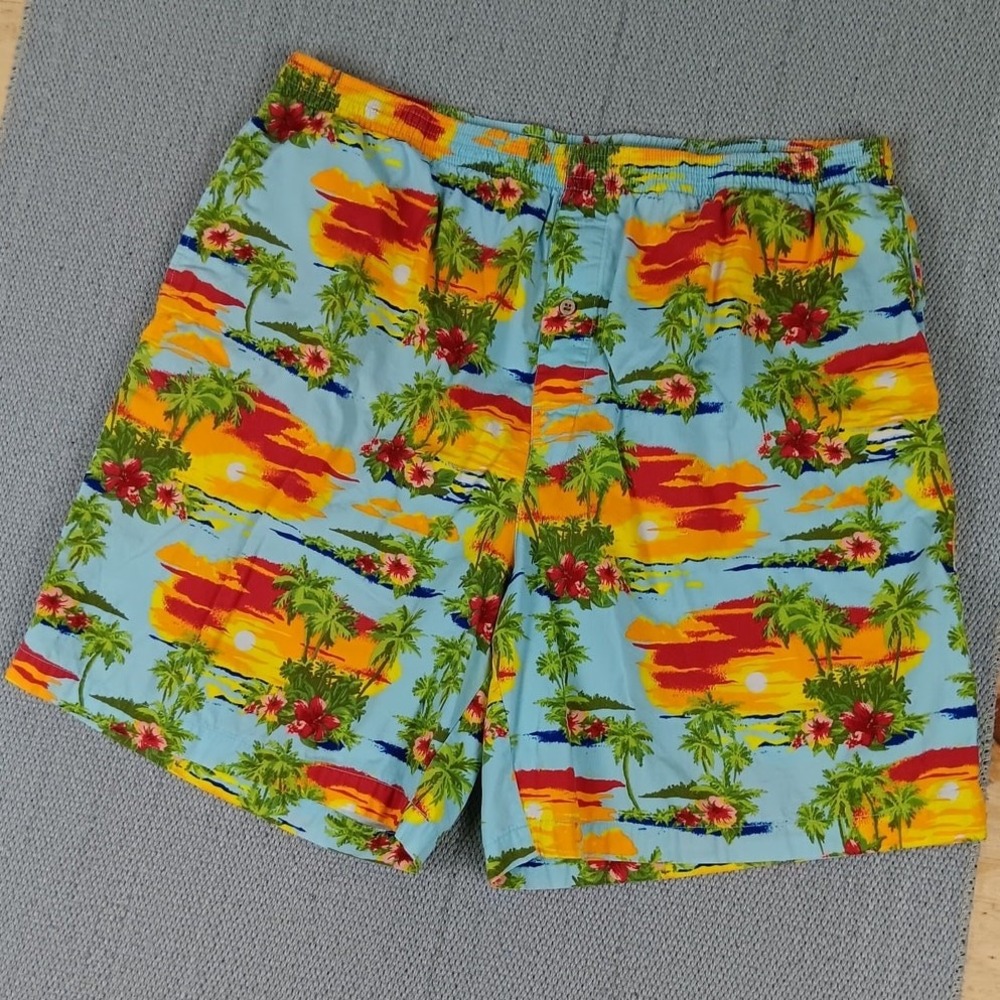 Caribbean Joe Shorts Mens XL Blue Sunset Palm Tree Tropical Cotton Hawaiian